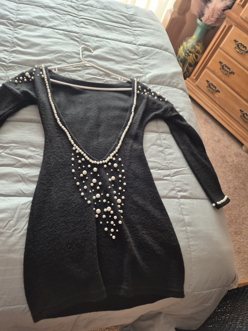 Black Pearl-Embellished Women’s Sweater Dress
